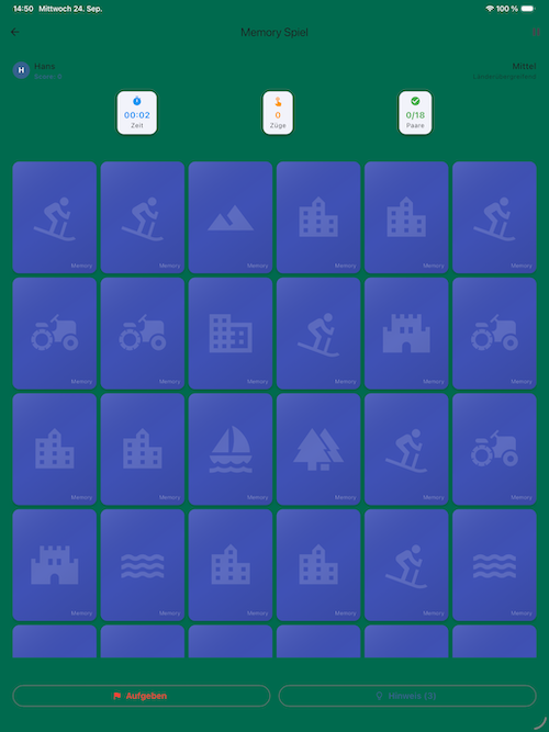 Memory Game iPad Pro Vollbild-Modus mit maximaler Spielfeldgröße